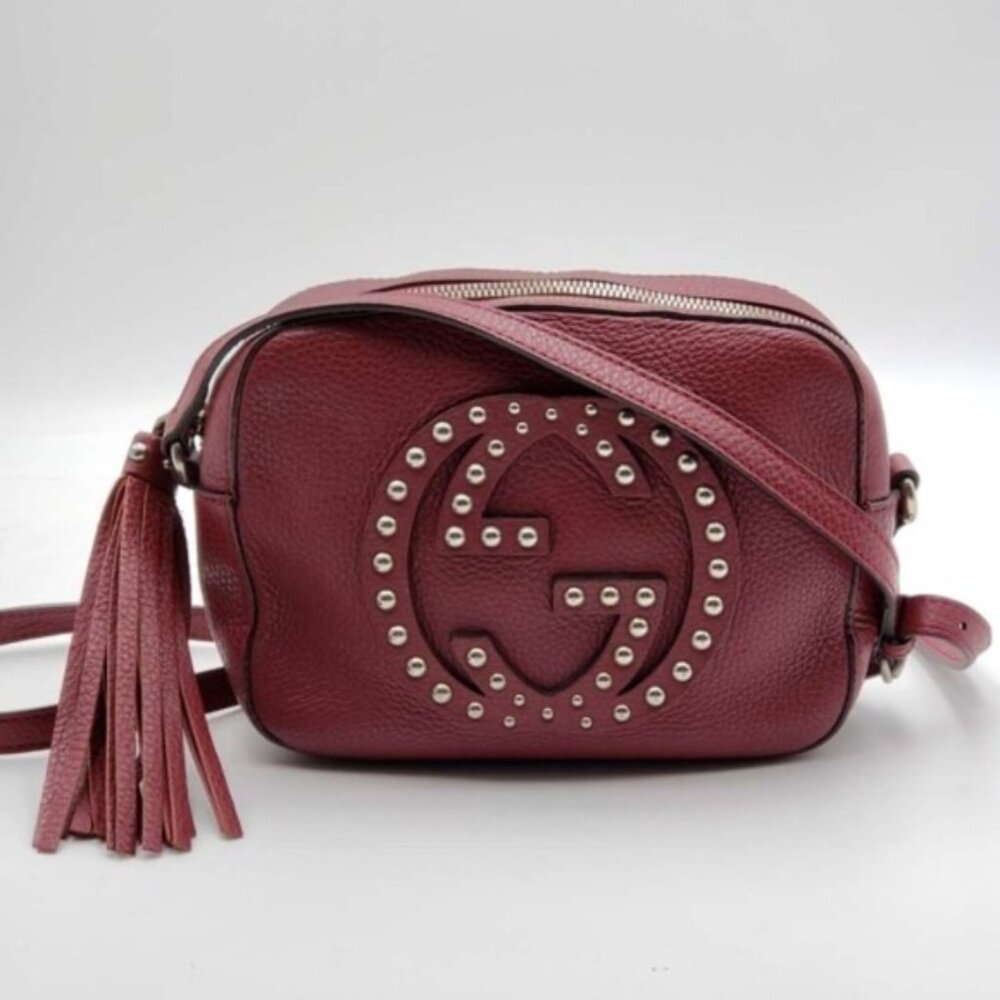 Authentic Gucci Soho Disco Studded Crossbody Bag Red Leather Small Camera Bag